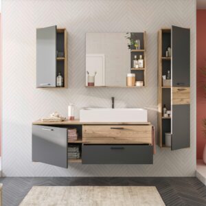 Waschbecken mit Unterschrank Mason ca. 140 cm Eiche/Grau Holzwerkstoff MID.YOU Möbel > Schränke > Badezimmerschränke > Waschtische Grau