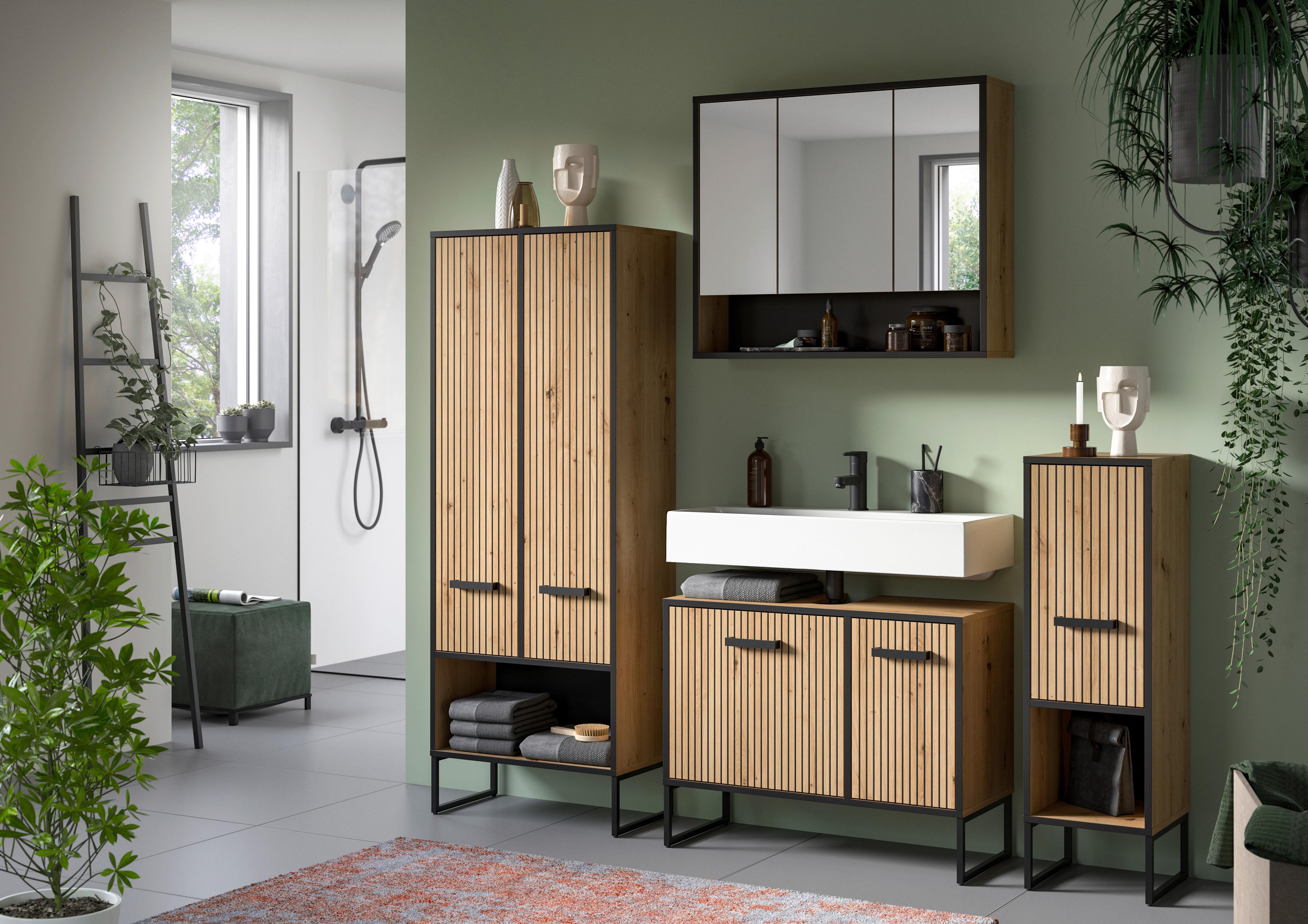 Waschbeckenunterschrank Bagno Eiche Artisan/Schwarz Holzwerkstoff MID.YOU Möbel > Schränke > Badezimmerschränke > Waschbeckenunterschränke Schwarz