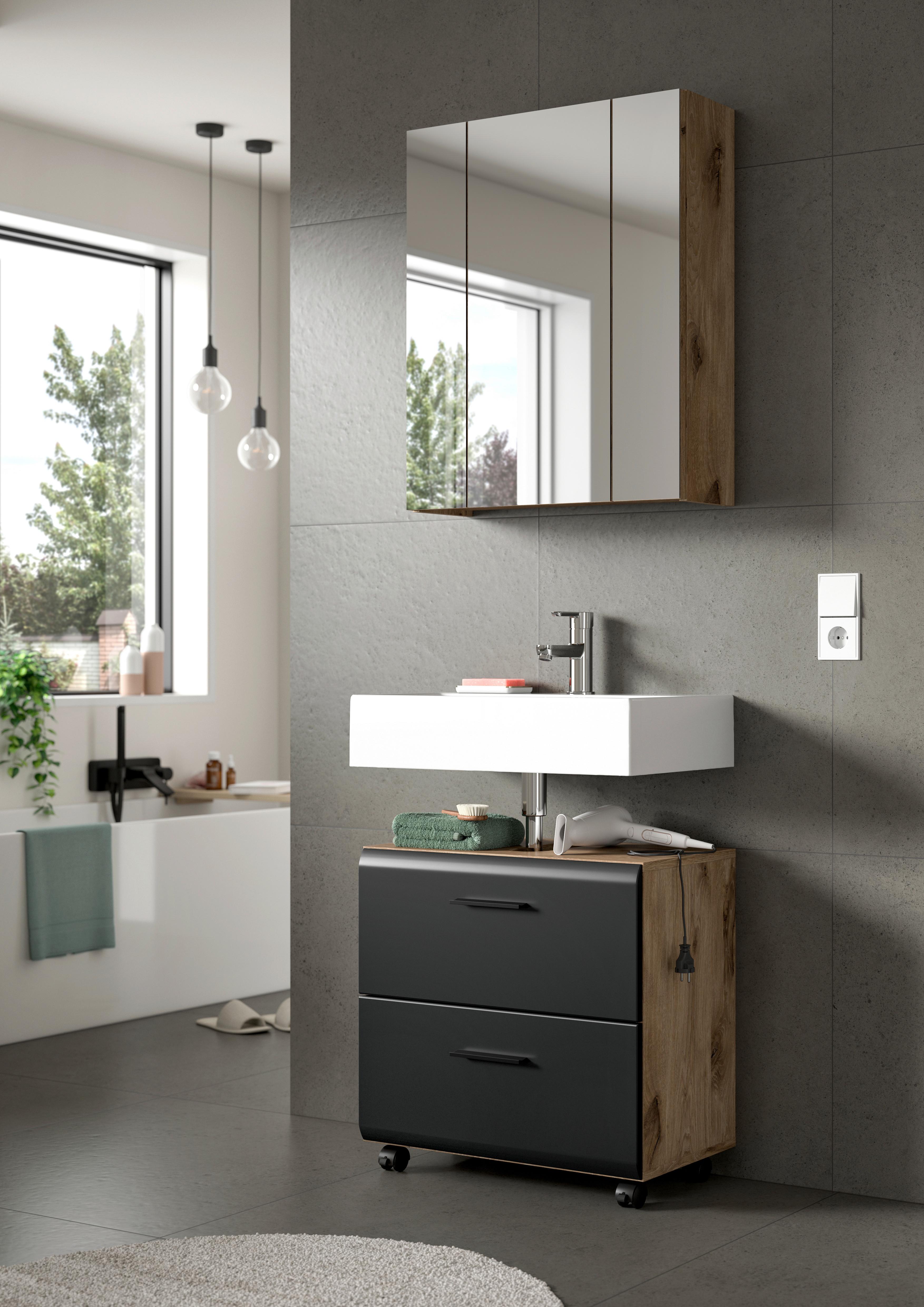 Waschbeckenunterschrank Ice Schwarz/Eiche dunkel Holzwerkstoff MID.YOU Möbel > Schränke > Badezimmerschränke > Waschbeckenunterschränke Schwarz