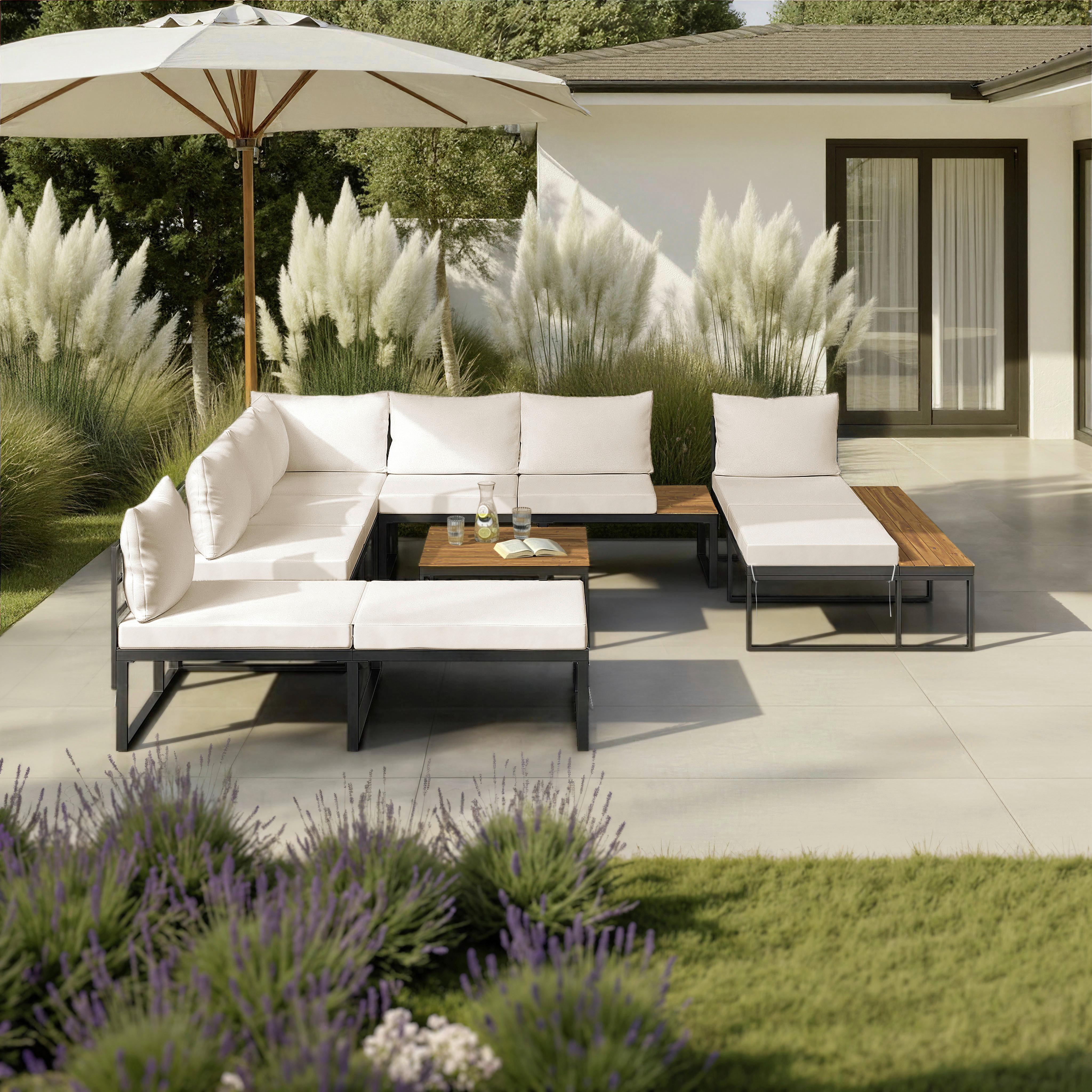 Wohnli Möbelsuche - Loungegarnitur Adriano Creme Akazie/Metall/Outdoorstoff