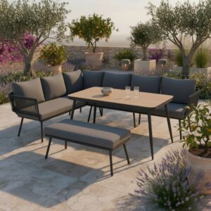 wohnli-moebel-suche-002069007001 Wohnli Möbelsuche - Dining-Loungeset Camea Dunkelg Outdoorstof/Metall/Polywood