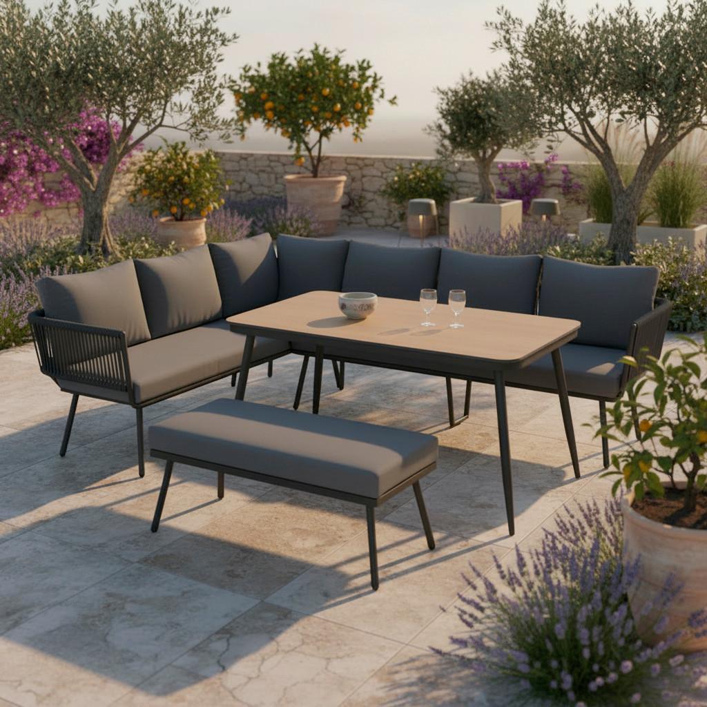 wohnli-moebel-suche-002069007001 Wohnli Möbelsuche - Dining-Loungeset Camea Dunkelg Outdoorstof/Metall/Polywood