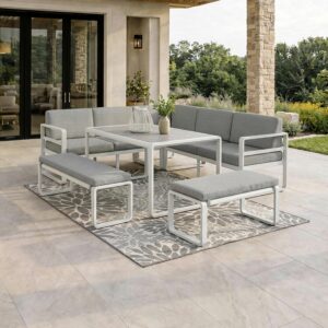wohnli-moebel-suche-002069007401 Wohnli Möbelsuche - Dining-Loungeset Aruba Hellgr. /Weiß Outdoorstoff/Metall