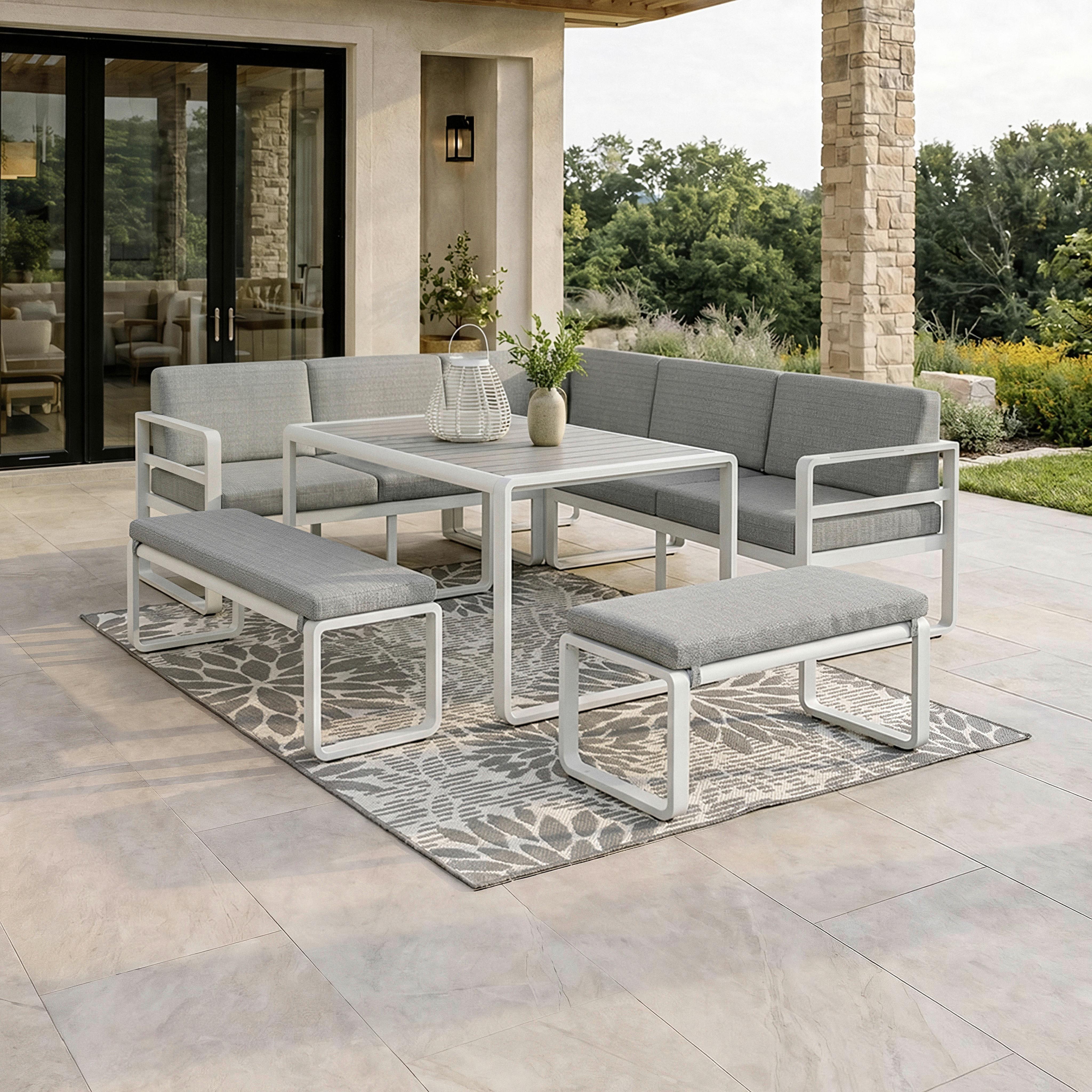 wohnli-moebel-suche-002069007401 Wohnli Möbelsuche - Dining-Loungeset Aruba Hellgr. /Weiß Outdoorstoff/Metall