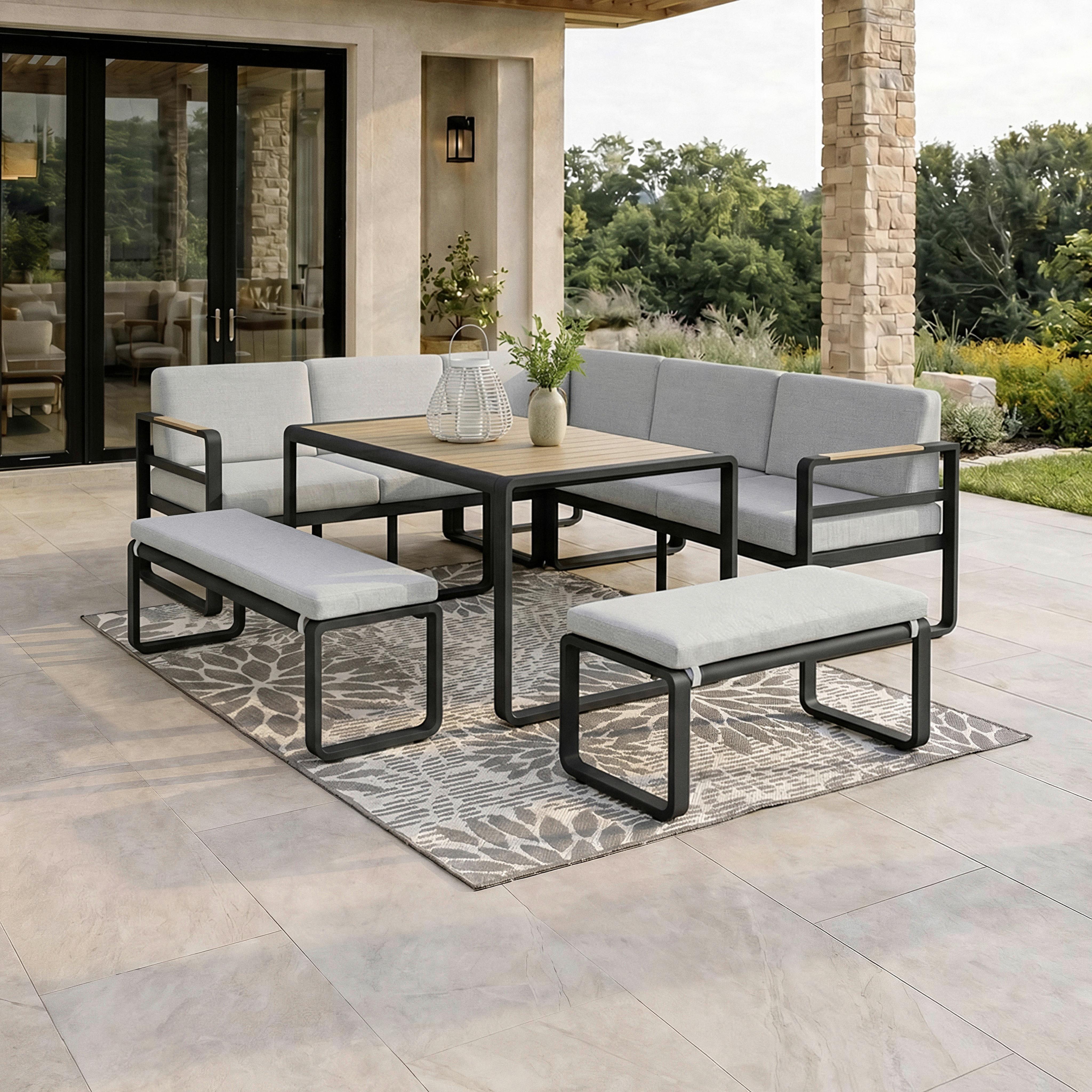 wohnli-moebel-suche-002069007402 Wohnli Möbelsuche - Dining-Loungeset Aruba Hellgr. /Schwarz Outdoorstoff/Metall