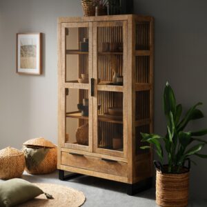 wohnli-moebel-suche-002178001304-1 Vitrine Everest in Naturfarben/Schwarz Holz, Metall, Glas Mömax Möbel > Schränke > Vitrinen Braun