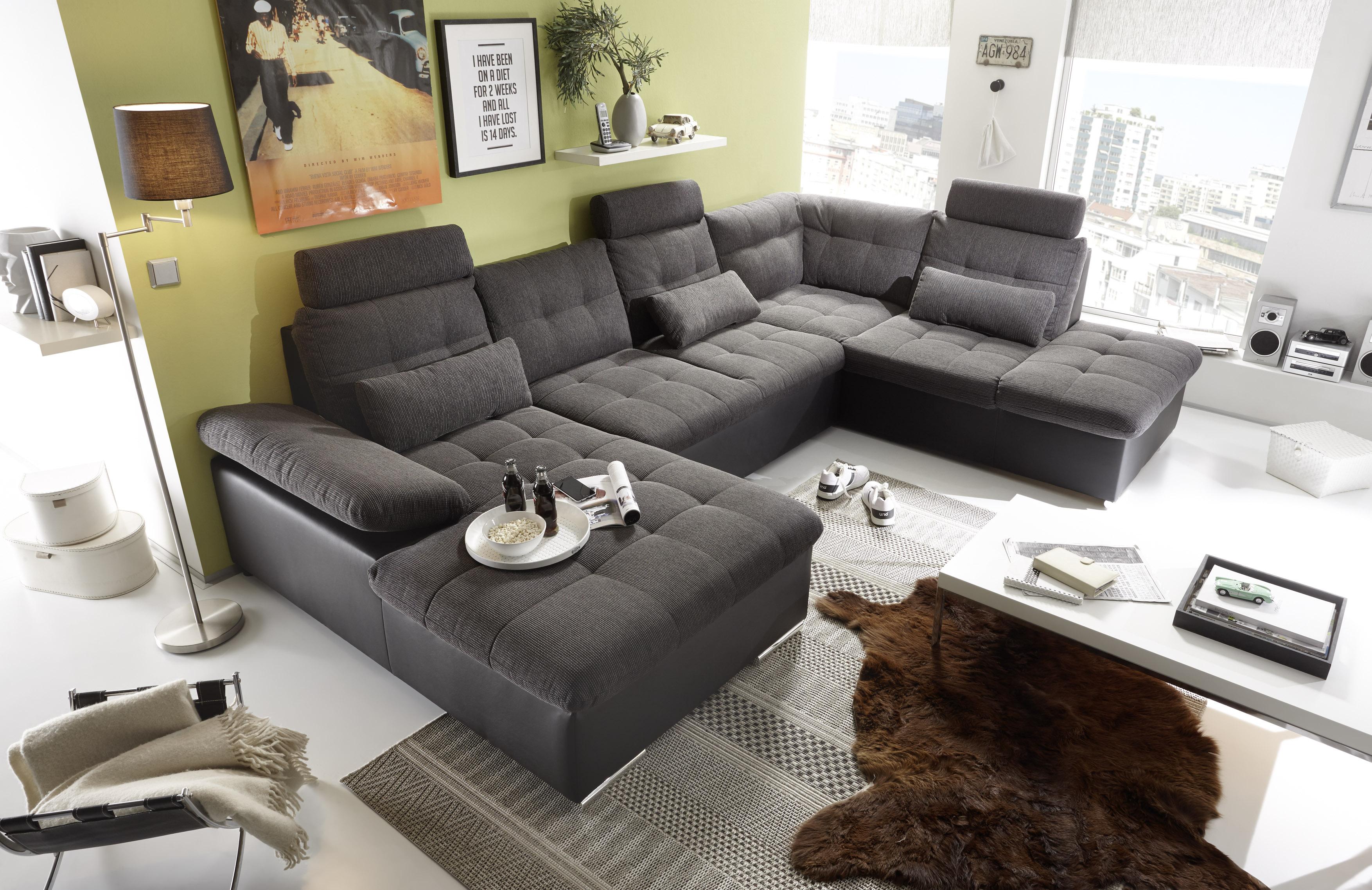 Wohnlandschaft Jakarta U inkl. Kissen Grau/Schwarz Textil MID.YOU Möbel > Sofas & Couches > Wohnlandschaften > Ecksofas > Eckschlafsofas Grau