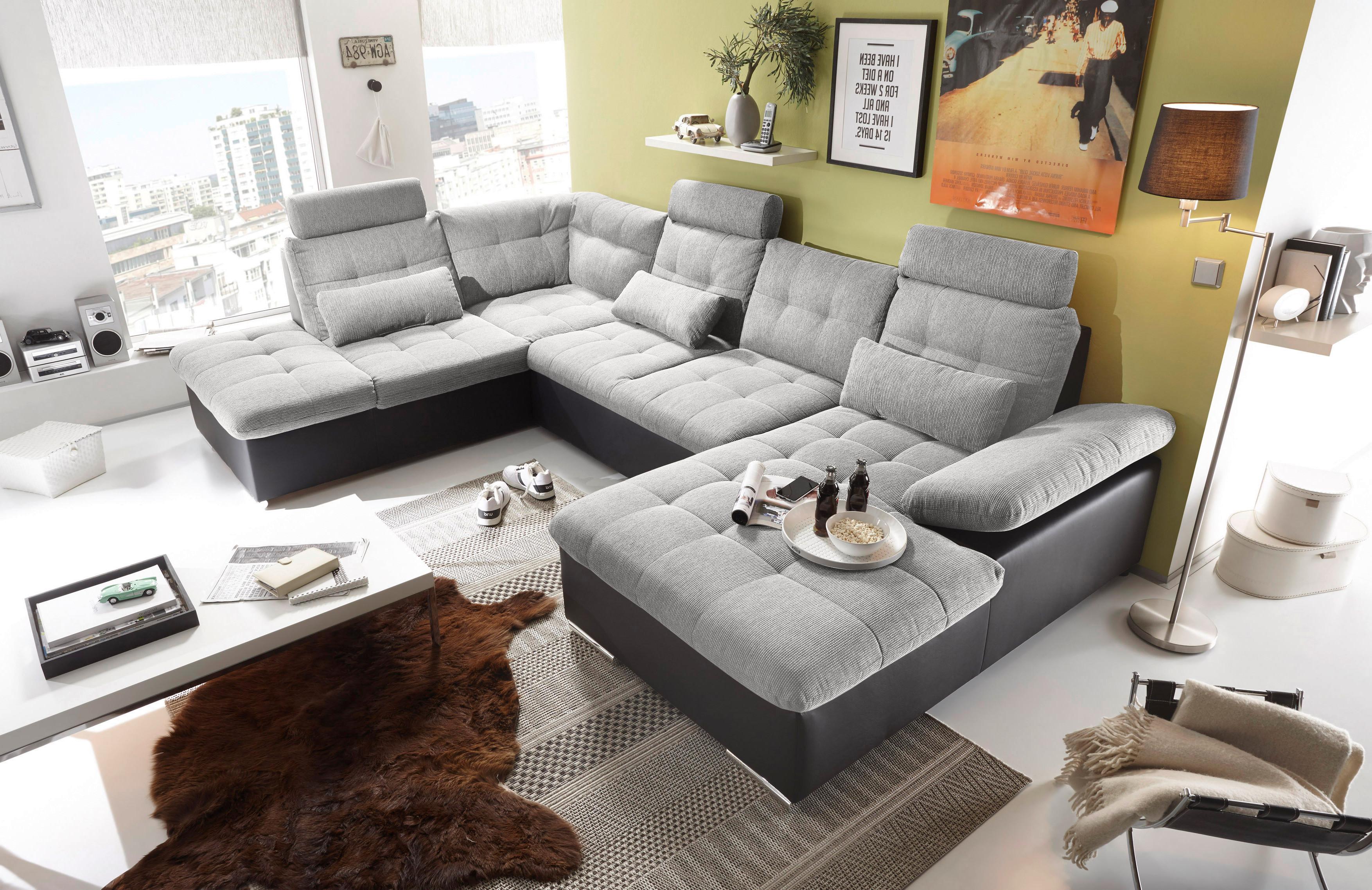 Wohnlandschaft Jakarta U inkl. Kissen Schwarz/Silber Textil, Holzwerkstoff MID.YOU Möbel > Sofas & Couches > Wohnlandschaften > Ecksofas > Eckschlafsofas Schwarz