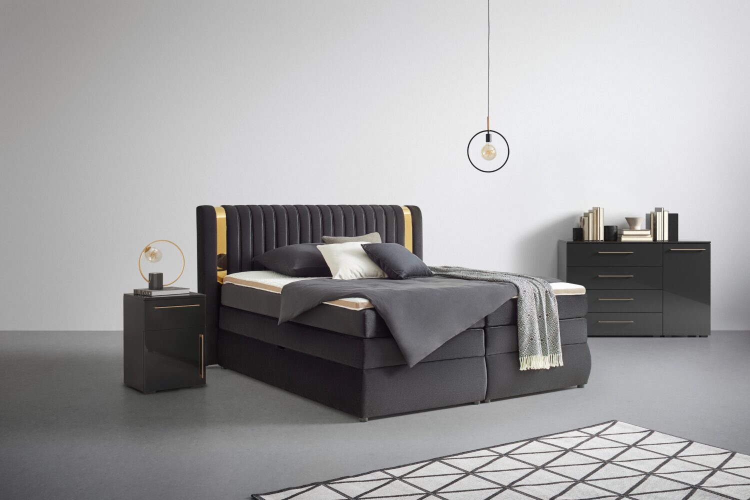 Boxspringbett Minola Gold Schwarz ca. 180x200cm Textil Premium Living Möbel > Betten > Doppelbetten Schwarz