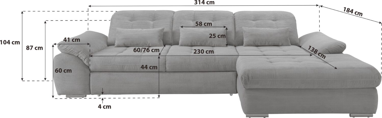 Ecksofa mit Bettkasten Rigatti ca. 314x184 cm Grau Textil Livetastic Möbel > Sofas & Couches > Wohnlandschaften > Ecksofas > Eckschlafsofas Grau