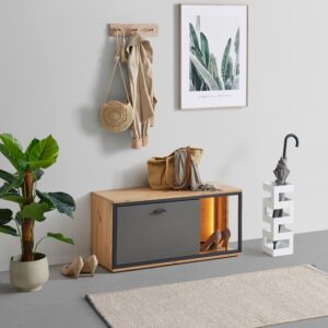 wohnli-moebel-suche-002412009626-1 Garderobenbank Florenz Grau/Eiche Artisan Metall, Holzwerkstoff Premium Living Garderoben > Garderobenbänke Grau