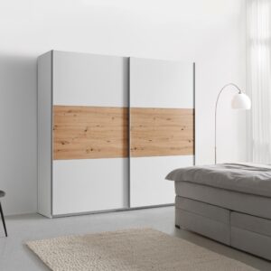 wohnli-moebel-suche-002427012101-1 Schwebetürenschrank Saturn in Weiß/Eiche Artisan Holzwerkstoff Mömax Möbel > Schränke > Kleiderschränke > Schwebetürenschränke Weiß