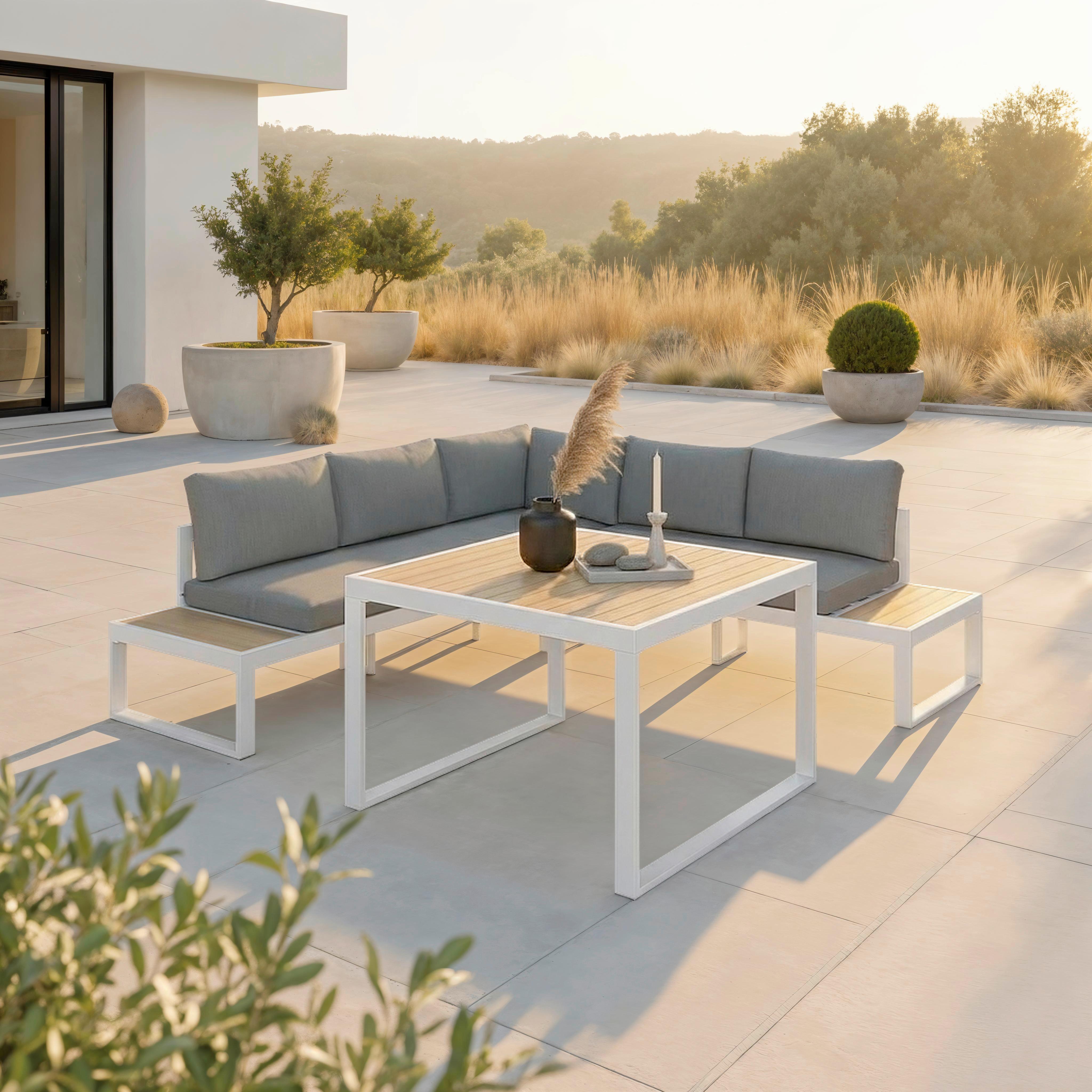 wohnli-moebel-suche-002449004401 Wohnli Möbelsuche - Dining-Loungeset Veneya Grau Outdoorstof/Metall/Polywood