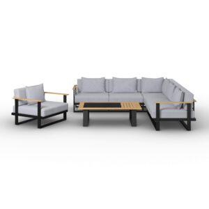 Loungegarnitur Fabrizia Grau Outdoorstoff/Metall/Holz Holz, Metall, Textil Bessagi Garden Garten & Outdoor > Loungemöbel > Loungegarnituren Grau