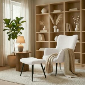 Sessel Aurora mit Hocker Cord Creme Holz, Metall, Textil Bessagi Home Möbel > Sessel > Relaxsessel Weiß