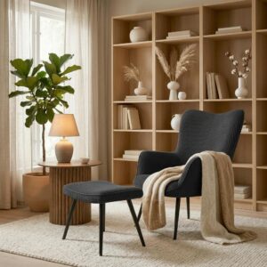 Sessel Aurora mit Hocker Cord Schwarz Holz, Metall, Textil Bessagi Home Möbel > Sessel > Relaxsessel Schwarz