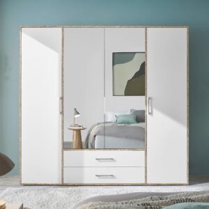 Kleiderschrank Lembo Weiß/Eiche Artisan Glas, Holzwerkstoff Based Möbel > Schränke > Kleiderschränke Weiß