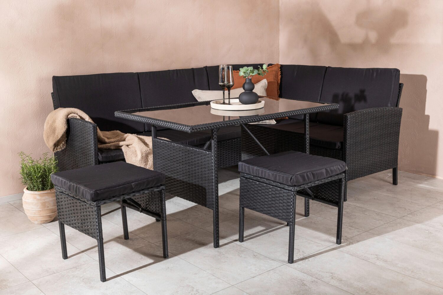 Dining-Loungeset Knock Schwarz Kunststoff Gardenson Garten & Outdoor > Loungemöbel > Loungegarnituren Schwarz