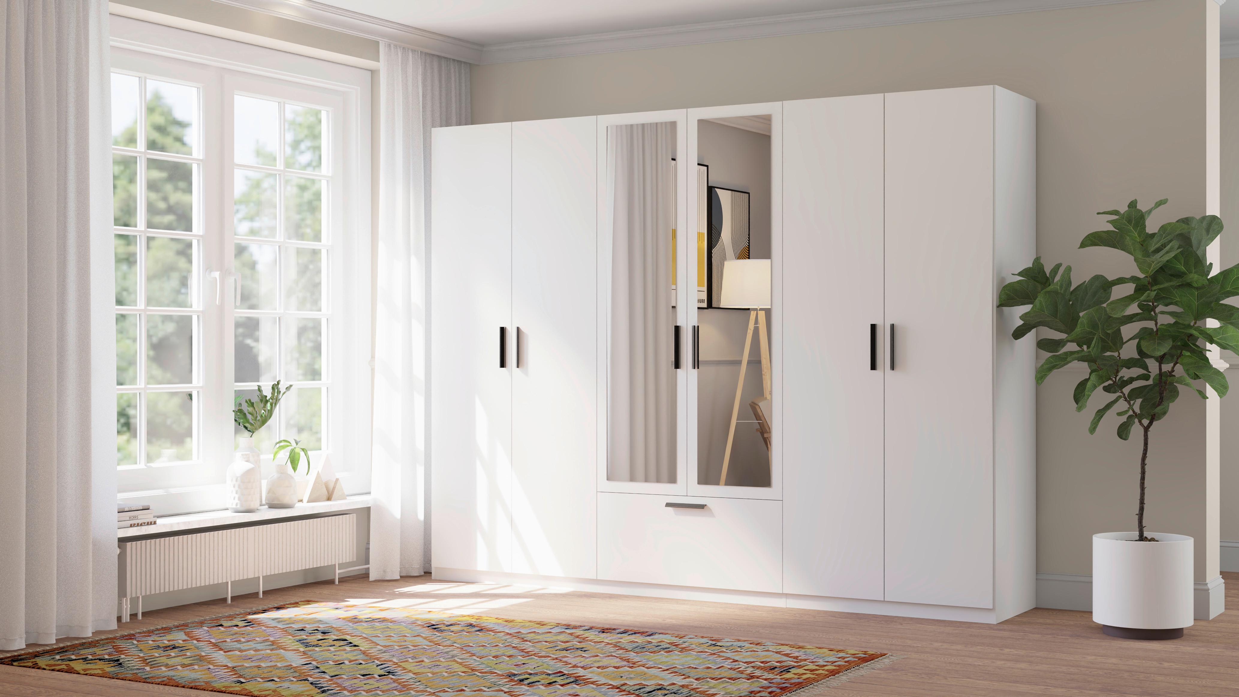 wohnli-moebel-suche-002647011706-1 Drehtürenschrank Milos 6T1S2S Weiß Glas, Holzwerkstoff Mömax Möbel > Schränke > Kleiderschränke > Drehtürenschränke Weiß