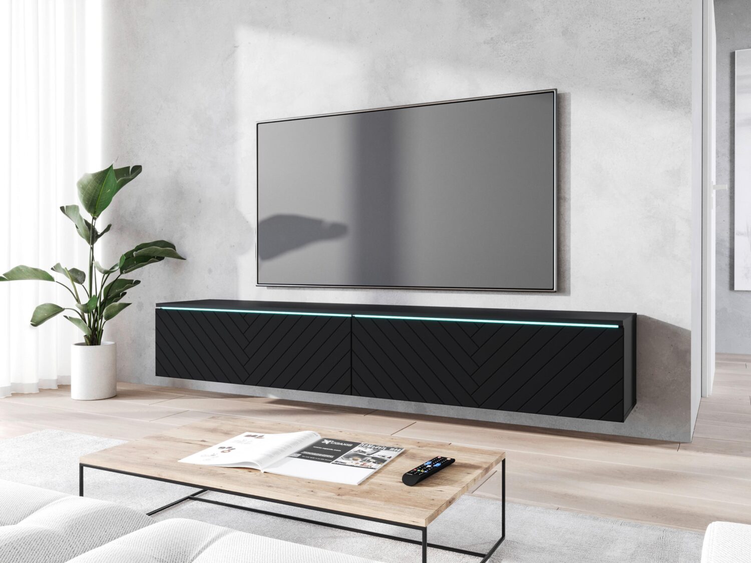 Lowboard ca. 180x30 cm mit LED Fischgräte Schwarz Holzwerkstoff P & B Möbel > TV-Möbel Schwarz