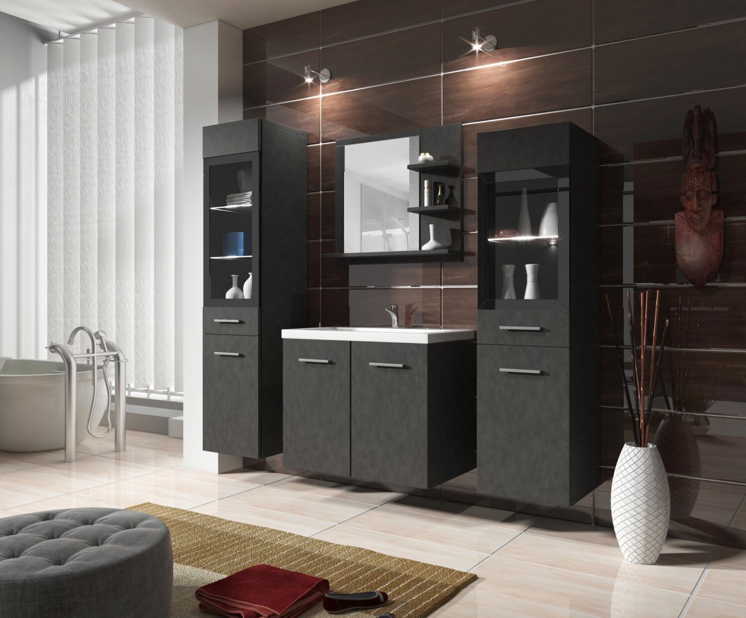Wohnli Möbelsuche - Badmöbel-Set 5-tlg. Madrit mit LED ca. 120 cm Anthrazit