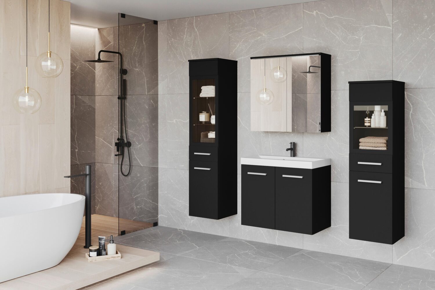 Wohnli Möbelsuche - Badmöbel-Set 5-tlg. Madrit mit LED ca. 120 cm Schwarz