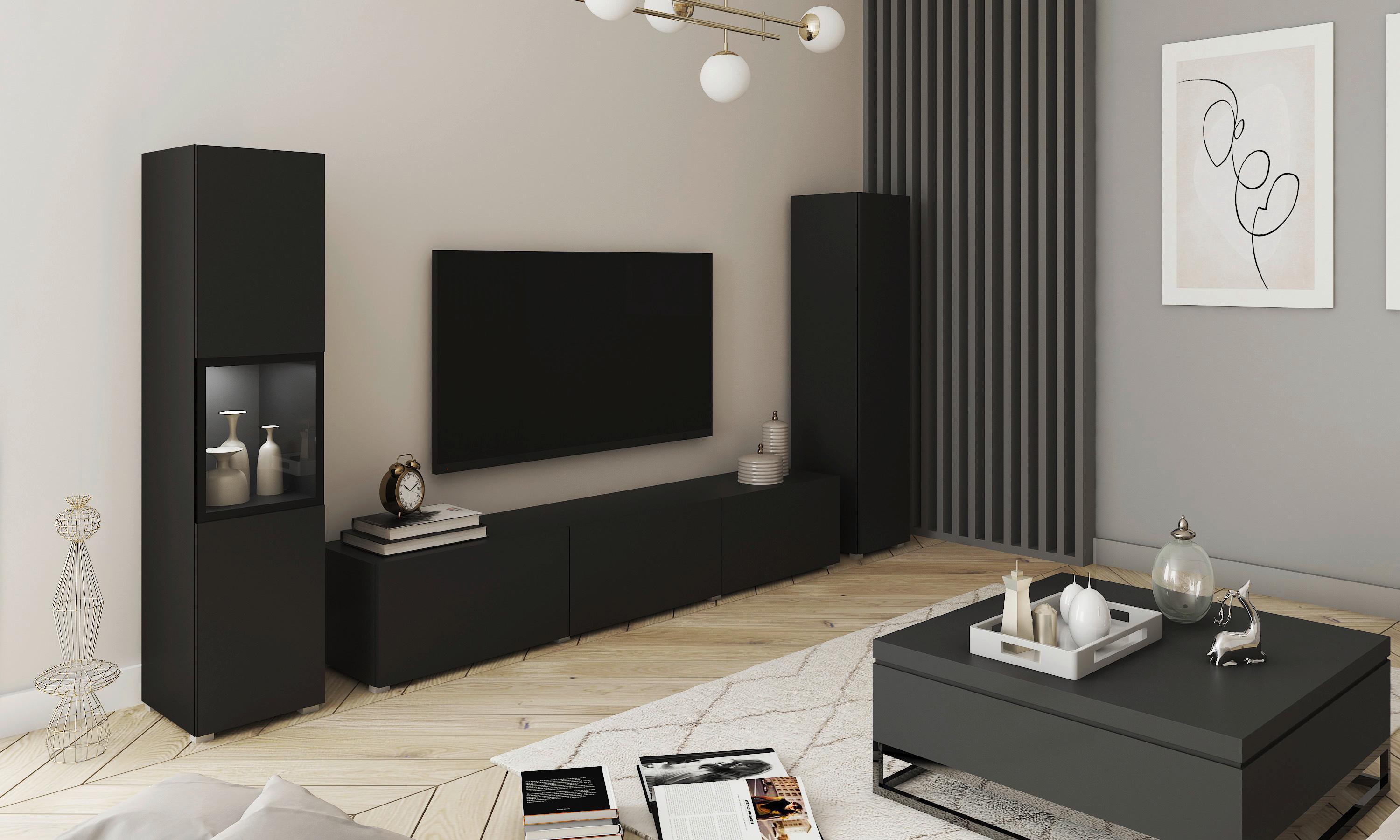 Wohnwand Berlin Schwarz ca. 240x130x31cm Glas, Holzwerkstoff P & B Möbel > TV-Möbel Schwarz