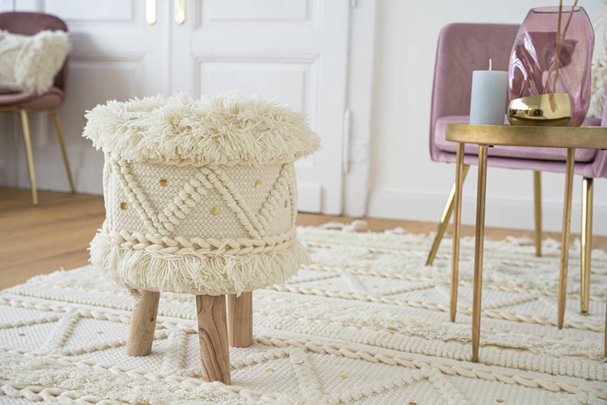 Hocker Bohist Creme Makramee Holz, Textil Kayoom Möbel > Sessel > Hocker Weiß