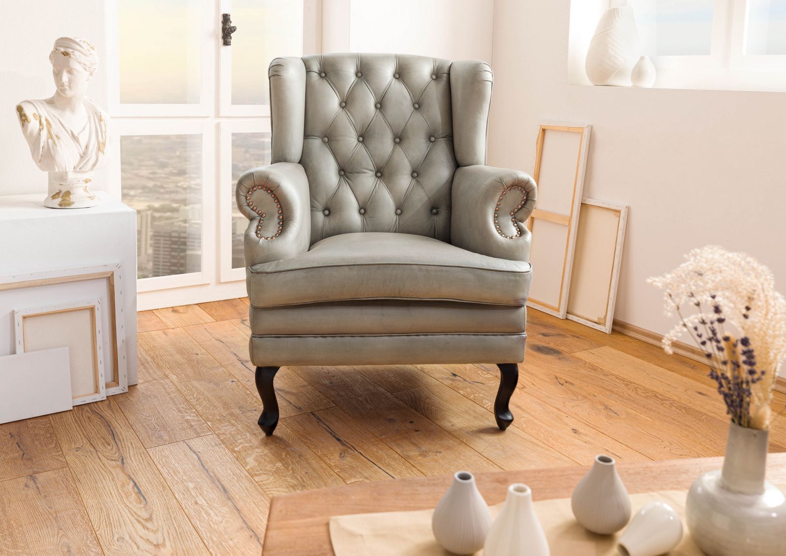 Wohnli Möbelsuche - Ohrensessel Echtleder 88x81x105 grau CHESTERFIELD #201