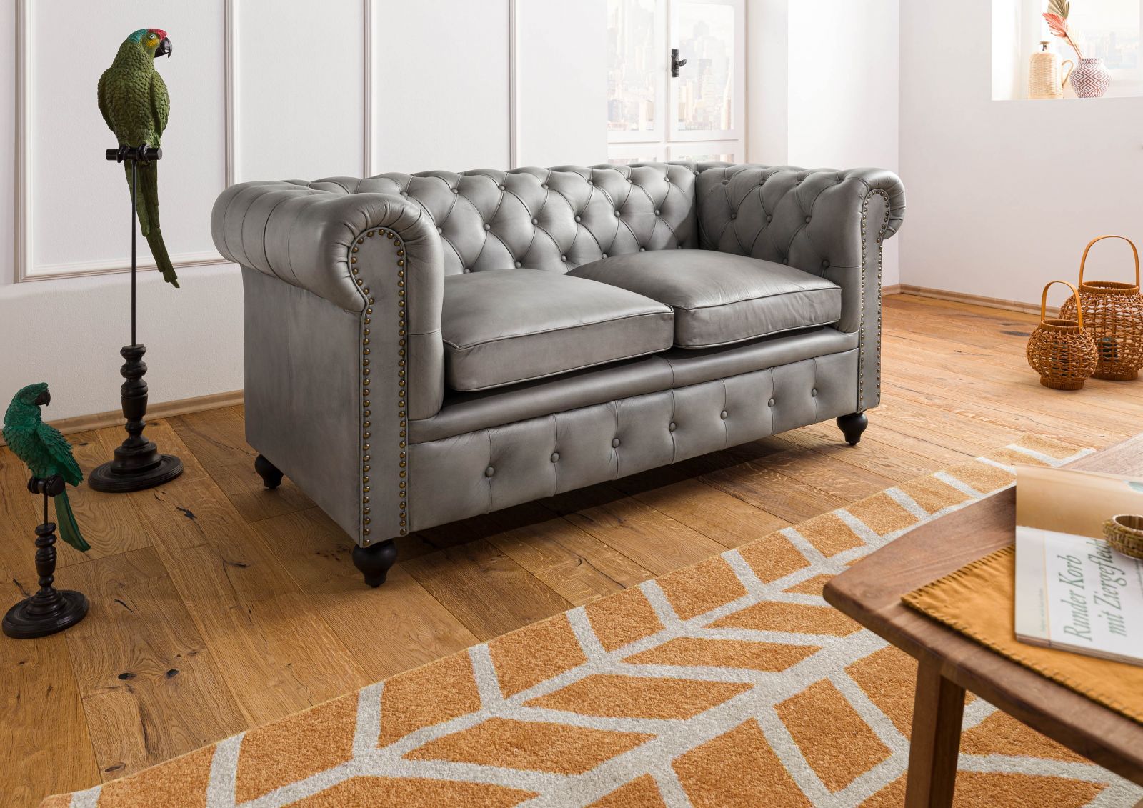 wohnli-moebel-suche-09-920-890-2002-1 Sofa 2-Sitzer Echtleder 158x82x75 grau CHESTERFIELD #202 Massivmoebel24 DE Möbel/Sofas/2-Sitzer Grau B:162, H:75, T:82