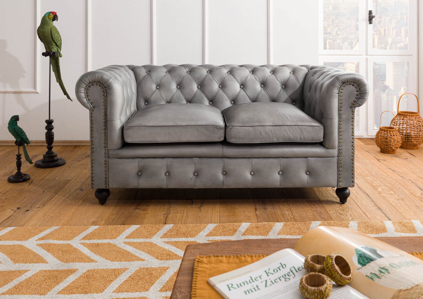Wohnli Möbelsuche - Sofa 2-Sitzer Echtleder 158x82x75 grau CHESTERFIELD #202