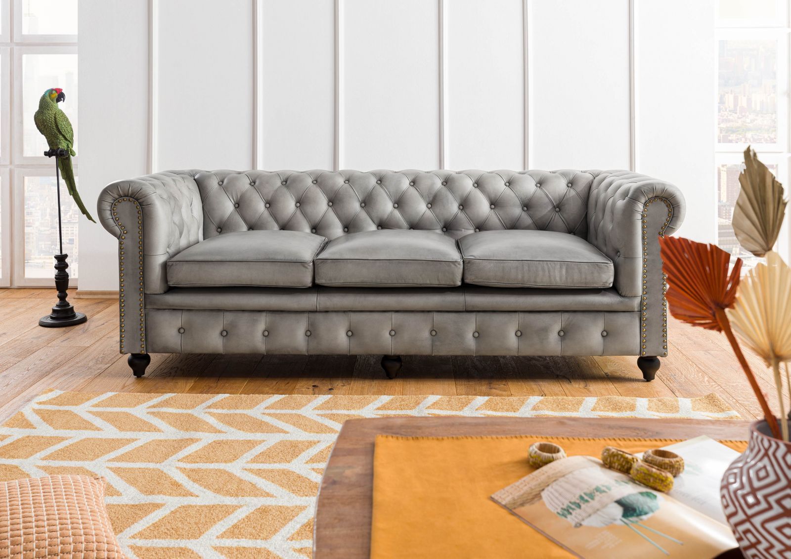 Wohnli Möbelsuche - Sofa 3-Sitzer Echtleder 216x82x75 grau CHESTERFIELD #203