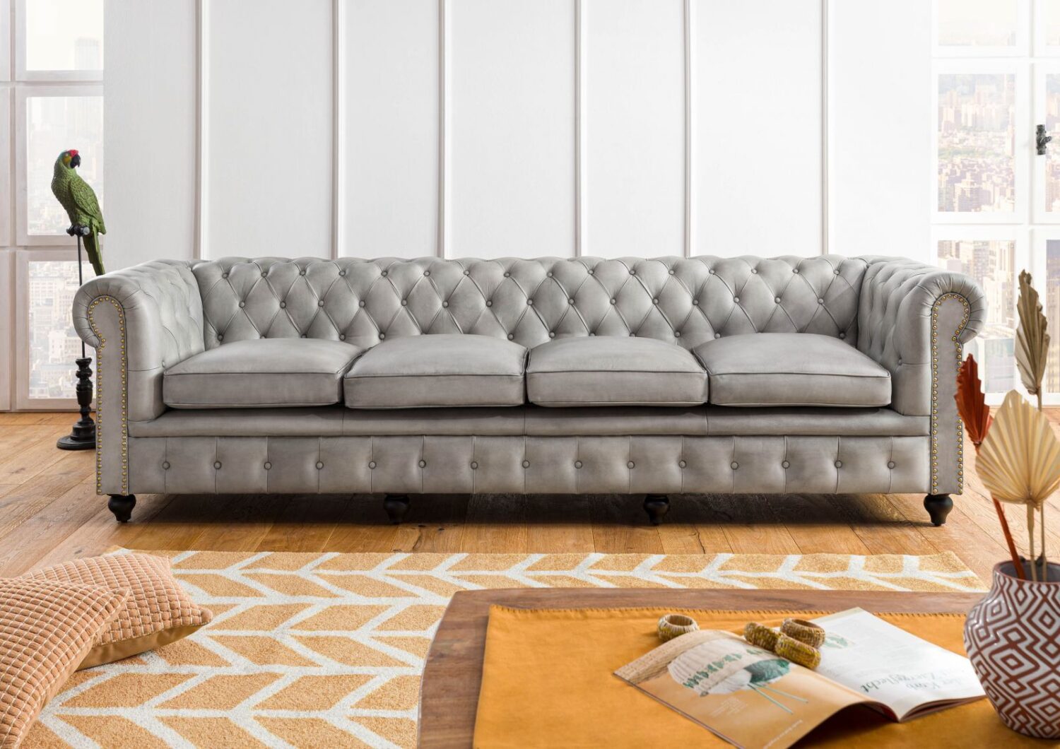 Wohnli Möbelsuche - Sofa 4-Sitzer Echtleder 274x82x75 grau CHESTERFIELD #204