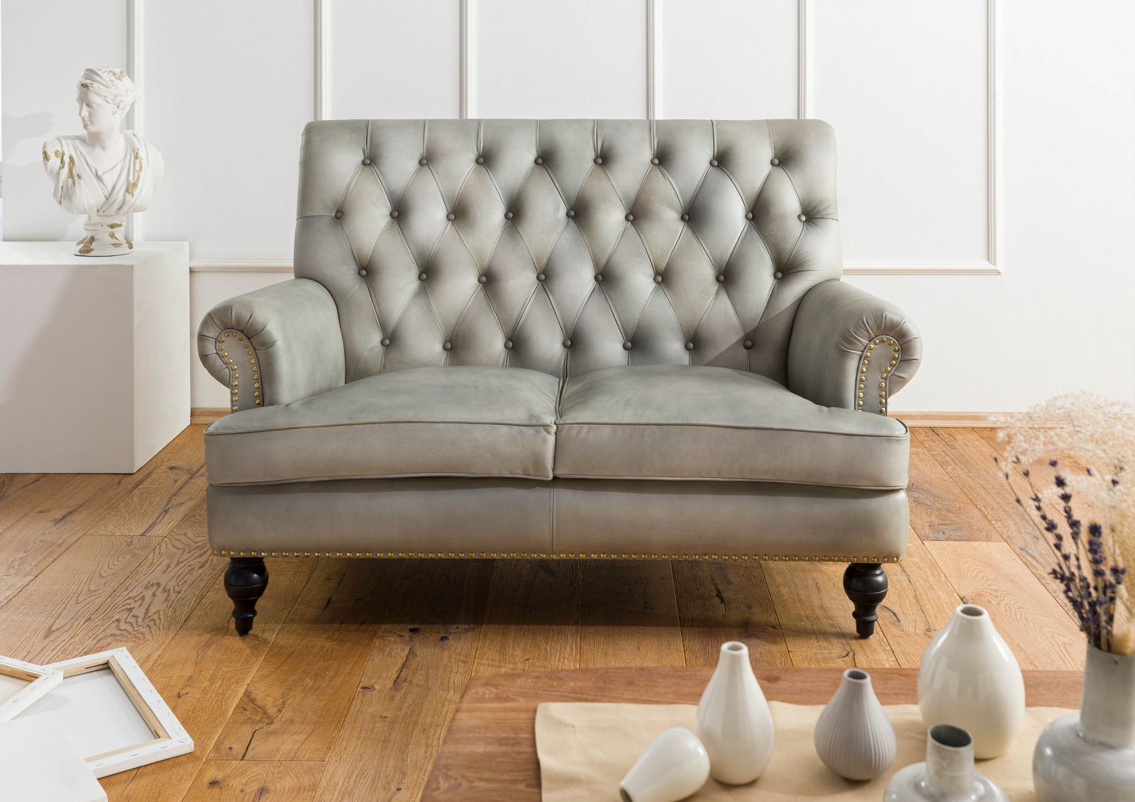 Wohnli Möbelsuche - Sofa 2-Sitzer Echtleder 140x84x94 grau CHESTERFIELD #206