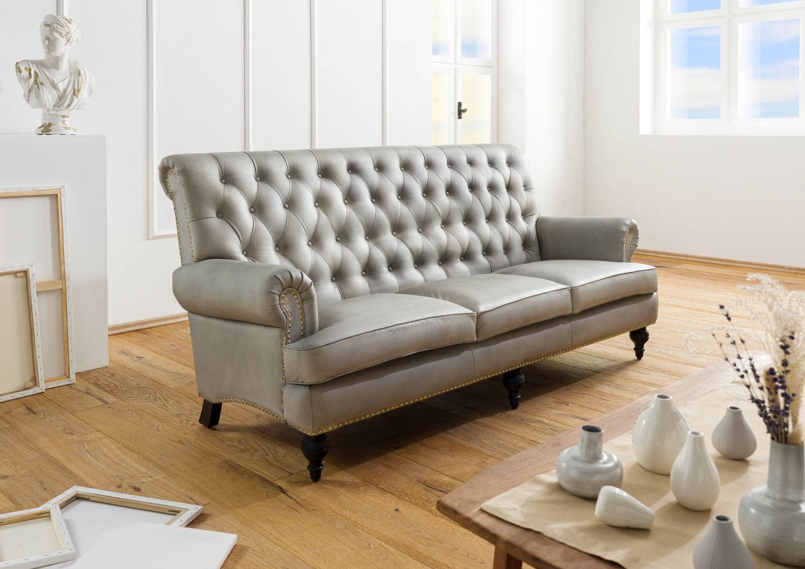 Sofa 3-Sitzer Echtleder 196x84x94 grau CHESTERFIELD #207 Massivmoebel24 DE Möbel/Sofas/2-Sitzer Grau B:196, H:94, T:84