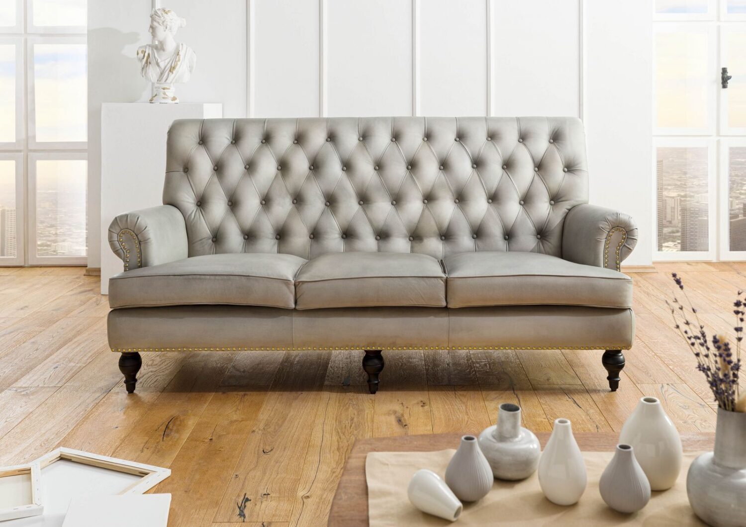 Wohnli Möbelsuche - Sofa 3-Sitzer Echtleder 196x84x94 grau CHESTERFIELD #207