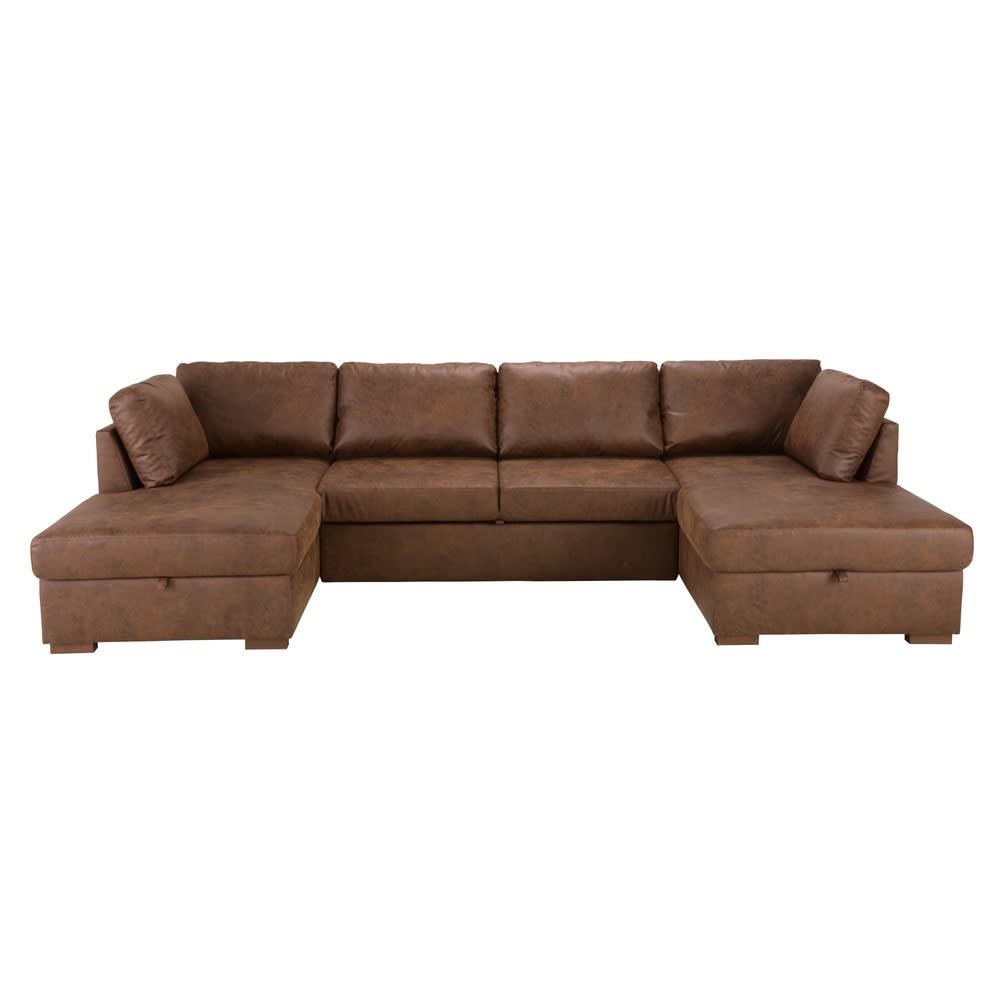 Wohnli Möbelsuche - Ausziehbares 7-Sitzer-Panorama-Sofa mit braunem Microsuede-Bezug