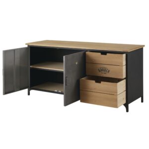 Buffet mit 2 Türen und 2 Schubladen aus Metall und massivem Tannenholz 145x70x45cm Holz Schwarz Maisons du Monde Möbel Esszimmermöbel Sideboards, Highboards & niedrige Anrichten