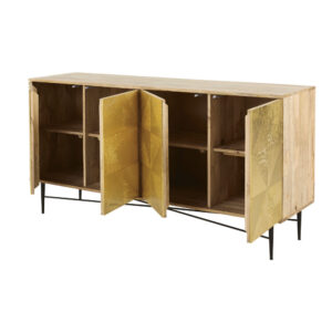 Buffet mit 4 Türen aus massivem Mangoholz und gehämmertem goldfarbenem Metall 160x83.5x46cm Holz Gold Maisons du Monde Möbel Esszimmermöbel Sideboards, Highboards & niedrige Anrichten