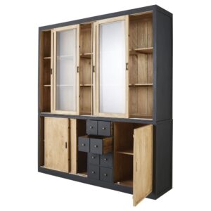 Schrank mit 7 Türen aus massivem Mangoholz und Sicherheitsglas, 176 cm 176x205x45cm Massivholz Schwarz Maisons du Monde Möbel Esszimmermöbel Geschirrschränke