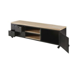 TV-Möbel mit Rollen aus Mangoholz und patiniertem Metall in Used-Optik 153x47x40cm Metall Schwarz Maisons du Monde Möbel Wohnzimmermöbel TV-Möbel