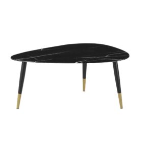 Wohnli Möbelsuche - Ovaler Couchtisch aus Glas mit schwarzer Marmoroptik und messingfarbenem und schwarzem Metall 90 cm