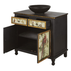 wohnli-moebel-suche-220121-1 Waschtisch mit 1 Schublade und 2 Türen aus schwarzem Tannenholz mit Papageien-Motiven 86x94x50cm Holz Schwarz Maisons du Monde Möbel Badezimmermöbel Waschtische