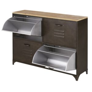 Schuhschrank mit 4 Türen aus Metall und massivem Tannenholz 110x83x30cm Metall Braun Maisons du Monde Möbel Flurmöbel Schuhschränke