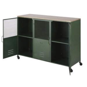 Anrichte aus Tannenholz und grünem Metall im Industrial-Stil mit 3 Türen und Rollen 110x82.5x35cm Stahl Braun Maisons du Monde Möbel Schlafzimmermöbel Kommoden