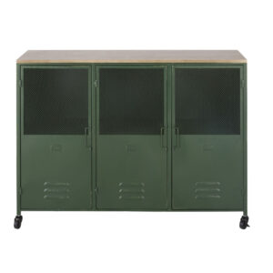 wohnli-moebel-suche-234171 Wohnli Möbelsuche - Anrichte aus Tannenholz und grünem Metall im Industrial-Stil mit 3 Türen und Rollen