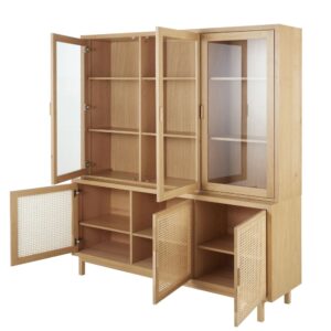Vitrinenschrank mit 3 Glastüren und Rattan-Geflecht 180x195x45cm Rohrgeflecht Beige Maisons du Monde Möbel Esszimmermöbel Geschirrschränke