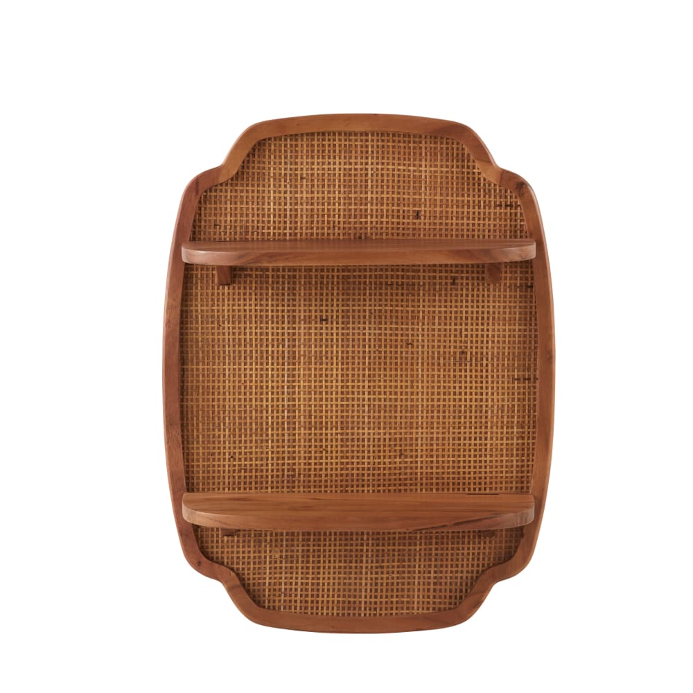 Wohnli Möbelsuche - Wandregal aus Akazienholz mit Rattan-Verkleidung