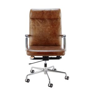 Bürostuhl auf Rollen aus braunem Leder und Stahl 62x105x70.5cm Schmiedeeisen Braun Maisons du Monde Möbel Büromöbel Bürostühle