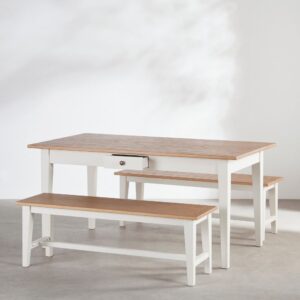 wohnli-moebel-suche-252671-1 Esstisch für 6 Personen und 2 beige-weiße Bänke 160x76.5x85cm Massivholz Weiß Maisons du Monde Möbel Esszimmermöbel Esstische